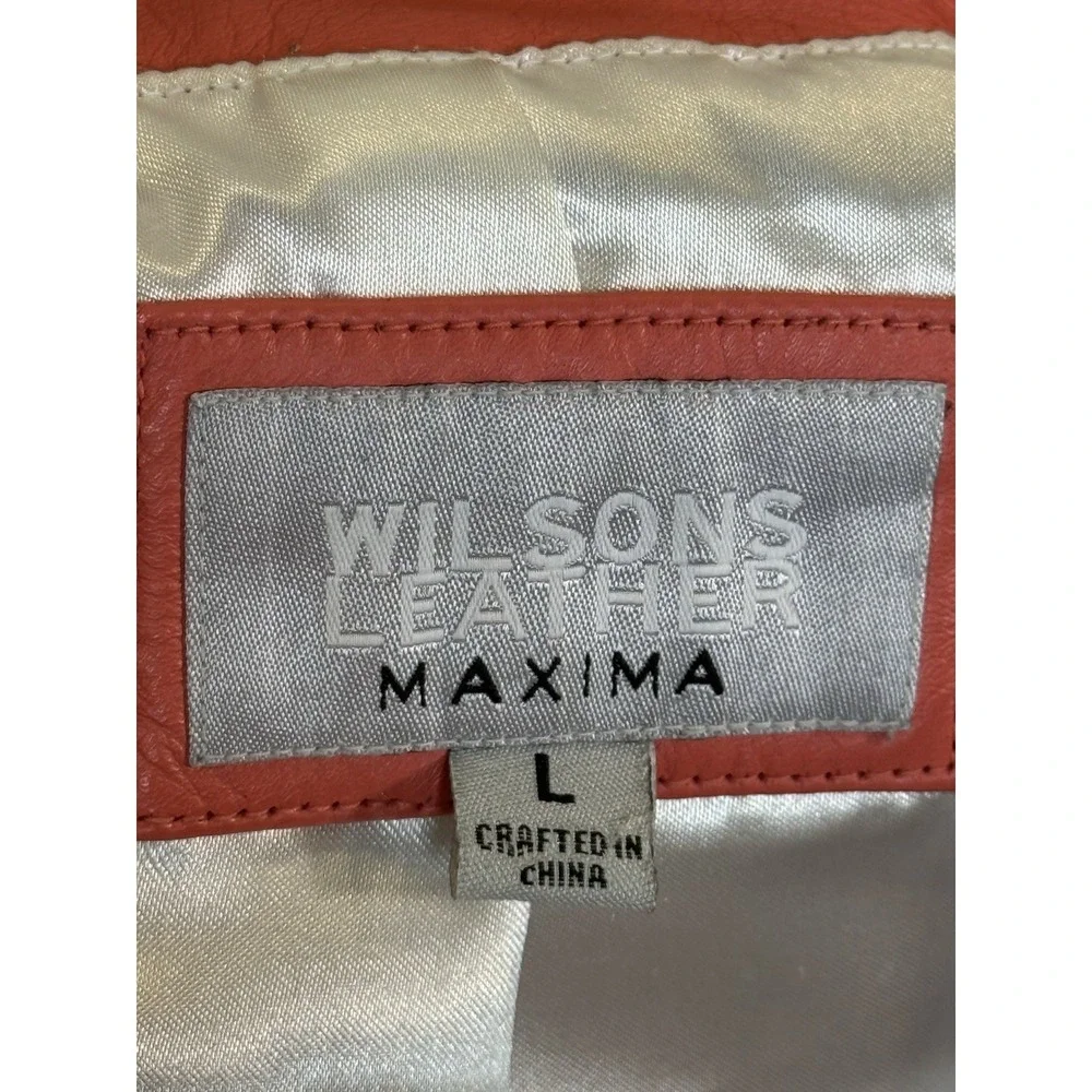 Wilsons Leather Maxima Moto Jacket‎ Womens Large Orange Biker Collarless Zip Up